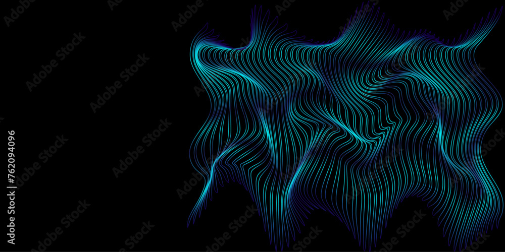 Poster Abstract background wave lines pattern (Guilloche curves) flowing dynamic gradient smooth blue green light isolated on black background.
