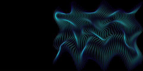 Abstract background wave lines pattern (Guilloche curves) flowing dynamic gradient smooth blue green light isolated on black background.
