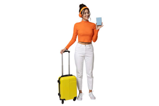 PNG,A young girl in headphones and with a yellow suitcase, isolated on white background