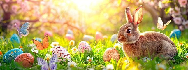 Cute Rabbit and Decorated Eggs Frolic in a Sunny Spring Meadow, with Defocused Abstract Lights Adding to the Whimsy. Made with Generative AI Technology - obrazy, fototapety, plakaty
