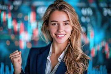Blonde business woman smile facing a graph with trend, stock sales market