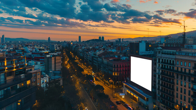 customizable rooftop bar LED screen for advertising presentation mockup in Barcelona environment, dusk view
