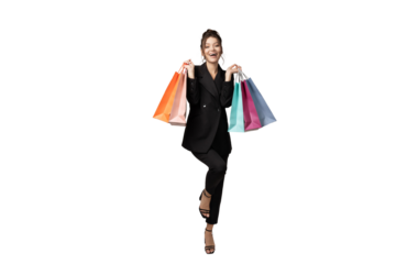 PNG, young girl in black suit with bags, isolated on white background