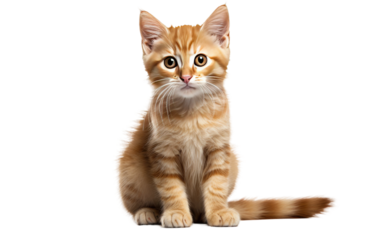 Small Orange Kitten Sitting on Top of a White Floor. On a White or Clear Surface PNG Transparent Background.