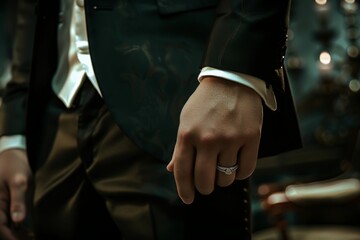 Close-up of a groom's hand adorned with an elegant wedding ring, showcasing a sophisticated suit in a wedding setting, concept of matrimonial ceremony and groom's attire
 - obrazy, fototapety, plakaty