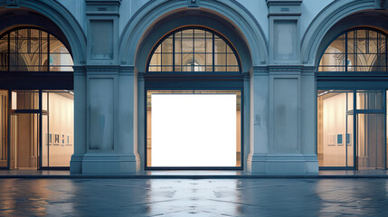 Naklejka premium customizable storefront window display for advertising presentation mockup in Milan environment, dawn view 