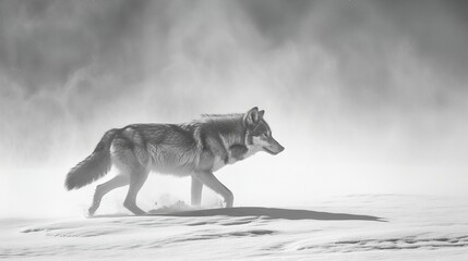 A lone wolf traversing a snowy landscape, its breath forming wisps in the cold air. - obrazy, fototapety, plakaty