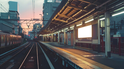  customizable train platform billboard for advertising presentation mockup in Tokyo environment, dawn view