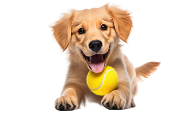 Dog Holding Tennis Ball in Mouth. On a White or Clear Surface PNG Transparent Background.