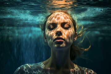 Woman gracefully swimming underwater, her movements fluid and graceful like a mermaid. She is a professional synchronized swimmer from Russia, practicing her routines in the tranq - obrazy, fototapety, plakaty