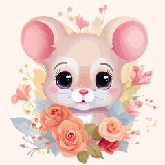 Cute Floral Mouse Clipart  isolated on white background