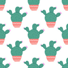 Hand-drawn vector seamless pattern of cactus. Flat style illustration of spiny plant, blooming cactus, succulent plant in colorful ceramic pot. Home plant, mexico cactus flower.