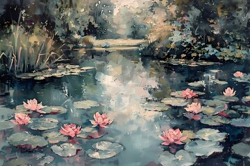 impressionism painting, impasto, vintage, soft tones, muted tones ,lotus flowergarden pond - obrazy, fototapety, plakaty