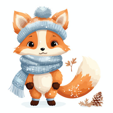 Cute Winter Fox Clipart isolated on white background
