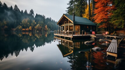Cabin by Lake Surrounded by Trees - obrazy, fototapety, plakaty