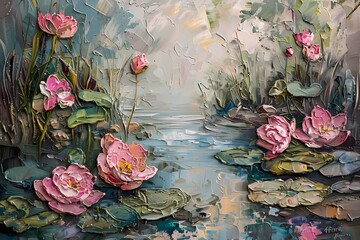 impressionism painting, impasto, vintage, soft tones, muted tones ,lotus flowergarden pond - obrazy, fototapety, plakaty