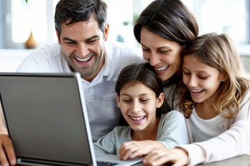 Family surfing the internet, father and mother learn how to use a laptop with the help of their two daughters while laughing and enjoying time together in their living room - obrazy, fototapety, plakaty