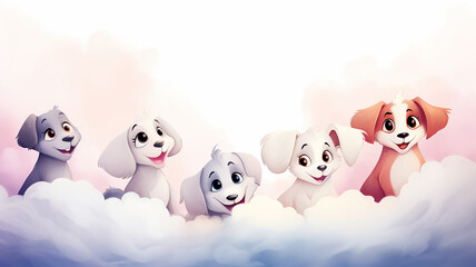 Cute puppies sitting on clouds, watercolor background of a children's postcard - 762097244