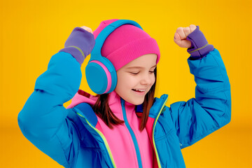 Little girl listening to music with headphones and singing a song. Yellow background with copy space