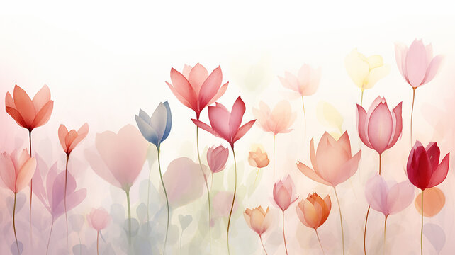 Spring flowers tulips in watercolor on a white background, festive greeting card
