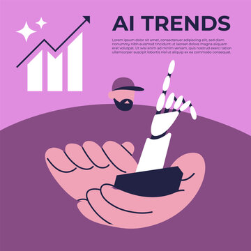 Trends with AI. The robot predicts the stock market. Bets on rising trends. Flat vector illustration.