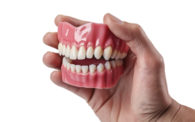Person Holding a Fake Tooth in Their Hand. On a White or Clear Surface PNG Transparent Background.