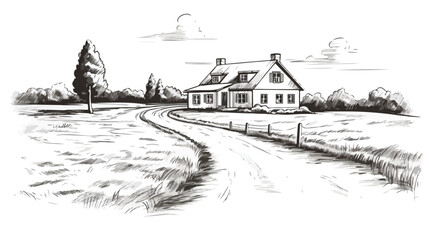 House in countryside with road engraving sketch sty