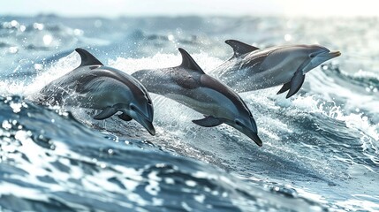 A pod of dolphins leaping gracefully through the waves of the ocean.