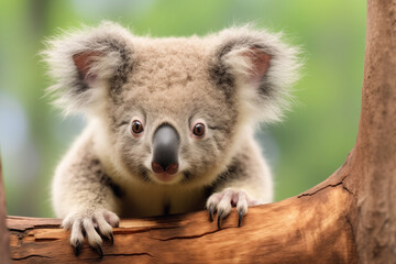Baby koala on a tree in the wild.