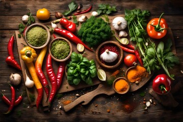Traditional vegetables used in Arabian cuisine. Vegetables on wood. Bio Healthy food, herbs and...