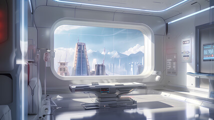 Fototapeta premium A futuristic room with a window that shows a city in the distance. The room is white and has a futuristic design