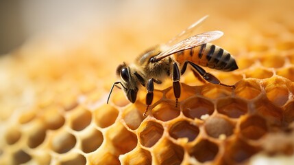 close up of a bee in a honeycomb