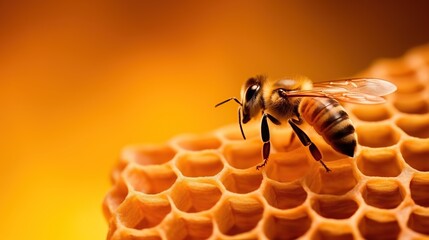 close up of a bee in a honeycomb