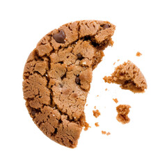 Close up of an half eaten cookie with crumb against a white background