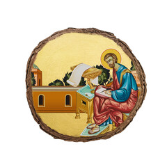 Christian vintage illustration of the Apostle Luka. Golden religious image in Byzantine style on white background - 762098672