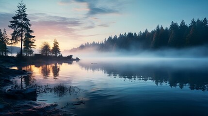 Tranquil Lake at Dawn with Misty Forests and Soft Reflections