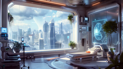 A futuristic room with a window that shows a city in the distance. The room is white and has a...