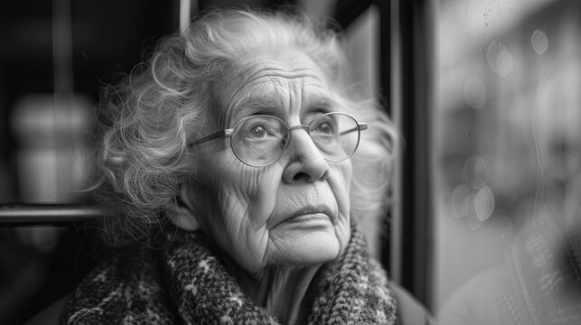 senior woman aboard public transportation, black white photo 
