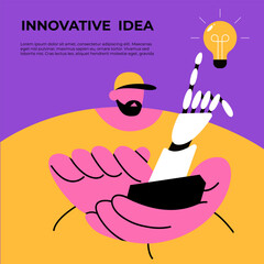 Innovative idea. Brainstorming humanoid robots showcases artificial intelligence. Innovation and science concept. Chatbot. Fat vector illustration.