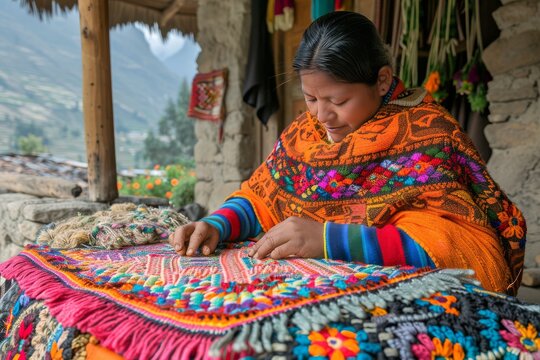 Woman Weaving Blanket Outdoors