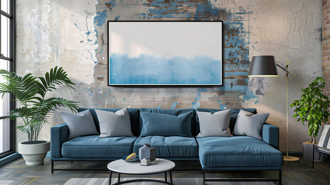 An inviting living room with a blue couch and a stylish picture on the wall, showcasing a perfect blend of interior design and furniture in a cozy house