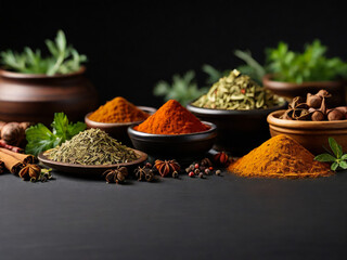 Wide variety spices and herbs on background of black table, with empty space for text or label