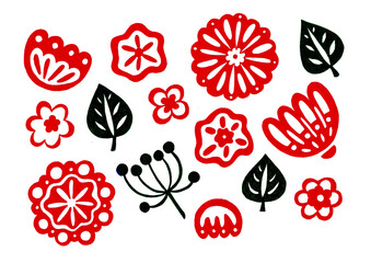 Set of decorative flowers and leaves on a white background. The flowers are red. The leaves are black. Different shapes and sizes. They consist of circles, waves, petals. Printmaking style.