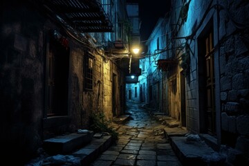 Deserted Night arrow alley. Structure alley. Generate Ai - obrazy, fototapety, plakaty