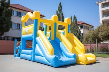 Inflatable bounce house water slide in the backyard, Colorful bouncy castle slide for children playground.