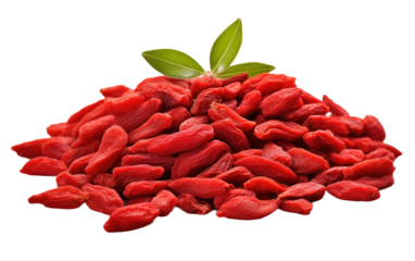 A Pile of Goji Berries With a Green Leaf on Top. On a White or Clear Surface PNG Transparent Background.