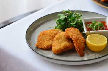 fried chicken schnitzel, food background, serving food, rustic plate, restaurant menu 