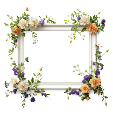 White photo frame intertwined with a colorful flower arrangement, Decorative your picture with floral vintage style, AI generated, PNG transparent with shadow