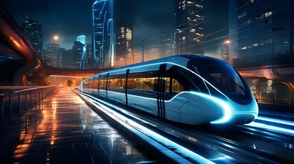 Futuristic electric bus in smart city at night
