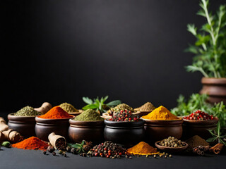 Wide variety spices and herbs on background of black table, with empty space for text or label